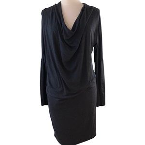 SEN COLLECTION Asymmetric Long Sleeve Draped Dress Faux Leather Detail SZ M